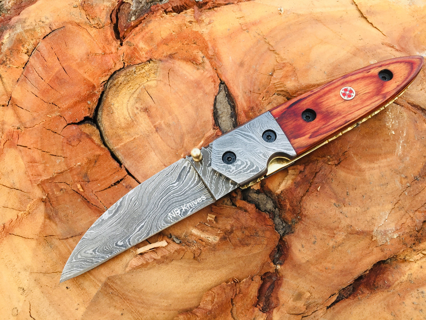 Pakka Wood Handle Damascus Folding Knife with Damascus Steel Bolster & Leather Sheath