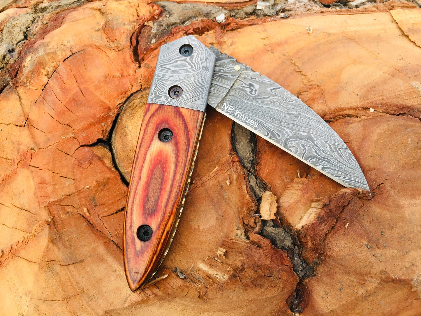 Pakka Wood Handle Damascus Folding Knife with Damascus Steel Bolster & Leather Sheath