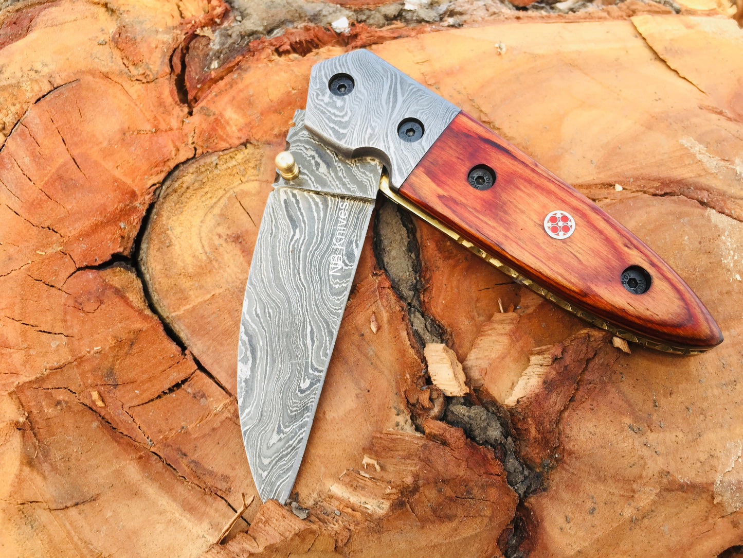 Pakka Wood Handle Damascus Folding Knife with Damascus Steel Bolster & Leather Sheath