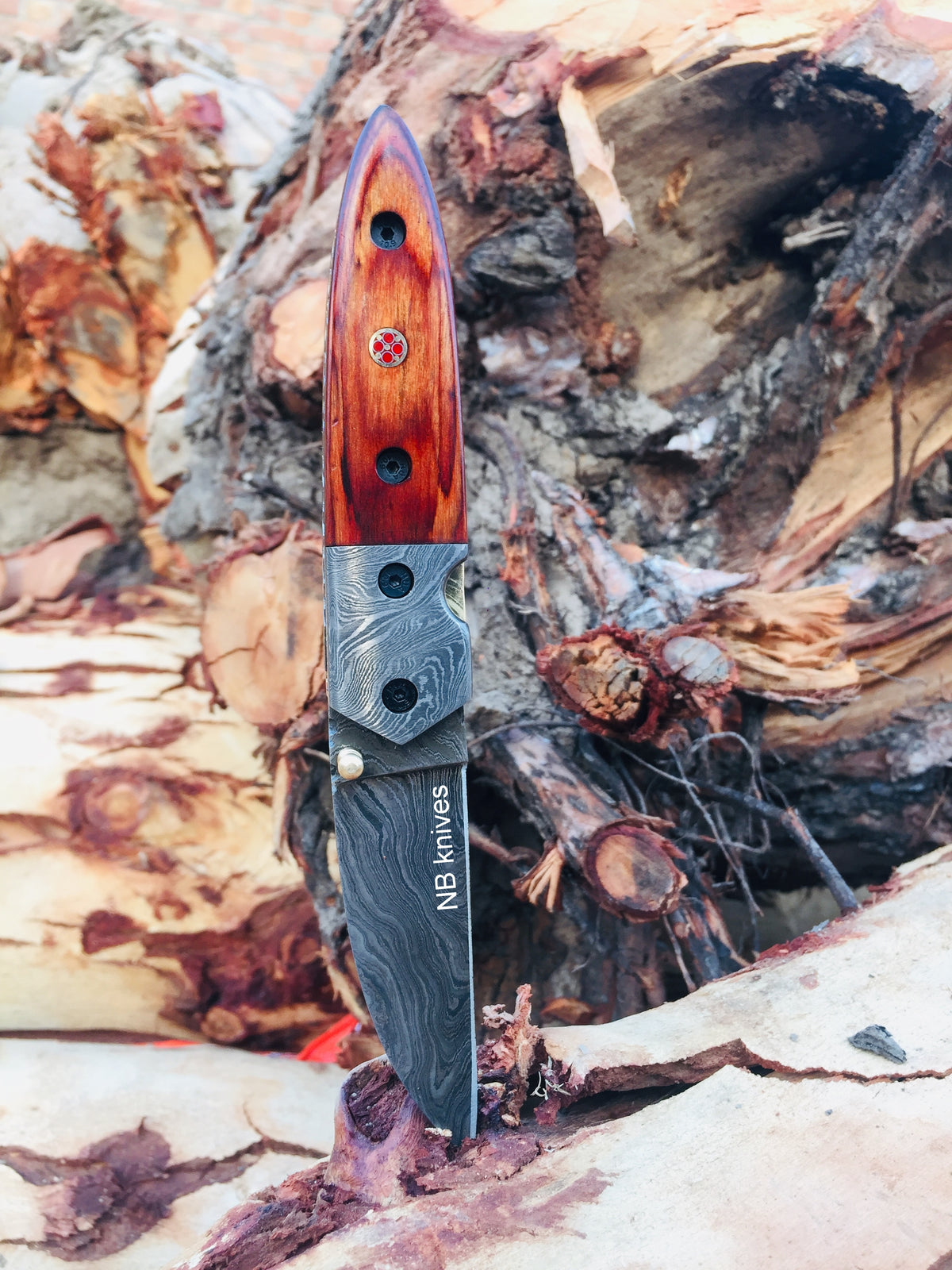 Pakka Wood Handle Damascus Folding Knife with Damascus Steel Bolster & Leather Sheath