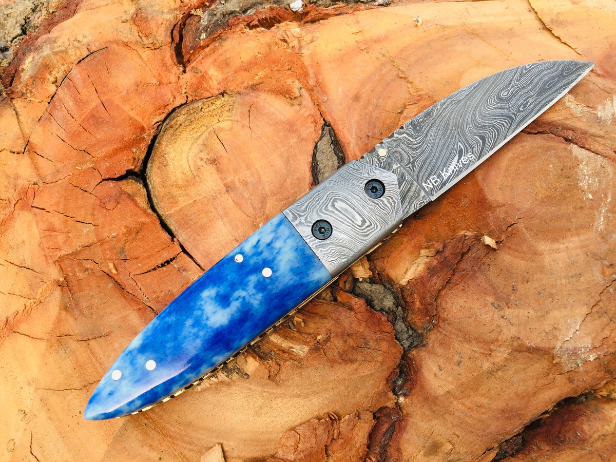 Dyed Camel Bone Handle Handmade Damascus Folding Knife with Damascus Bolster & Leather Sheath