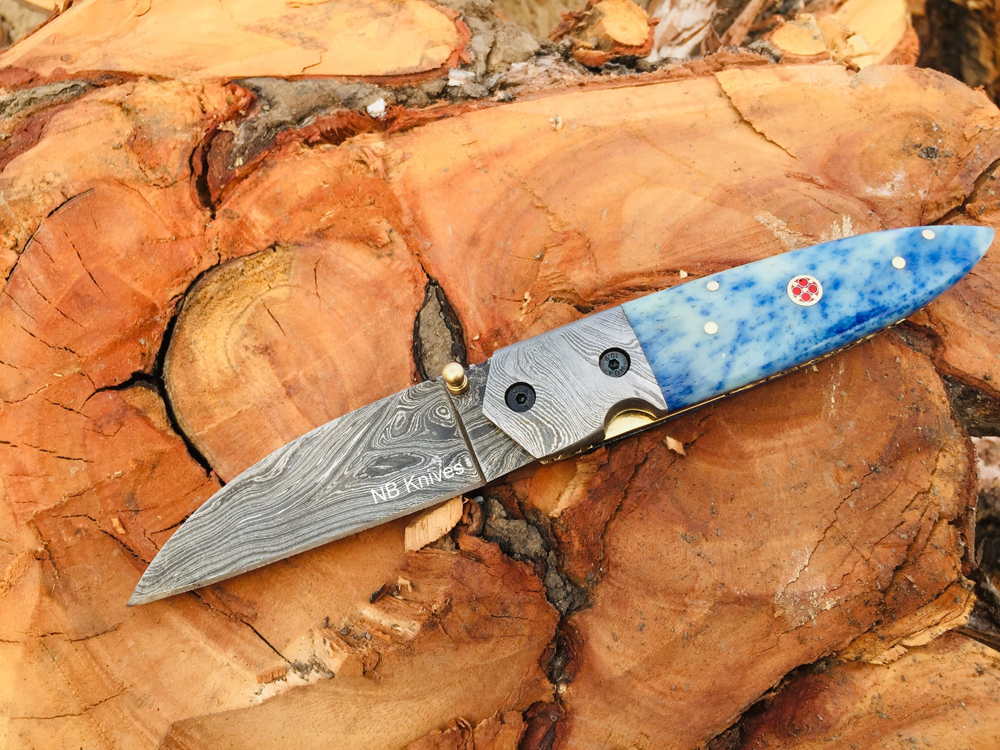 Dyed Camel Bone Handle Handmade Damascus Folding Knife with Damascus Bolster & Leather Sheath