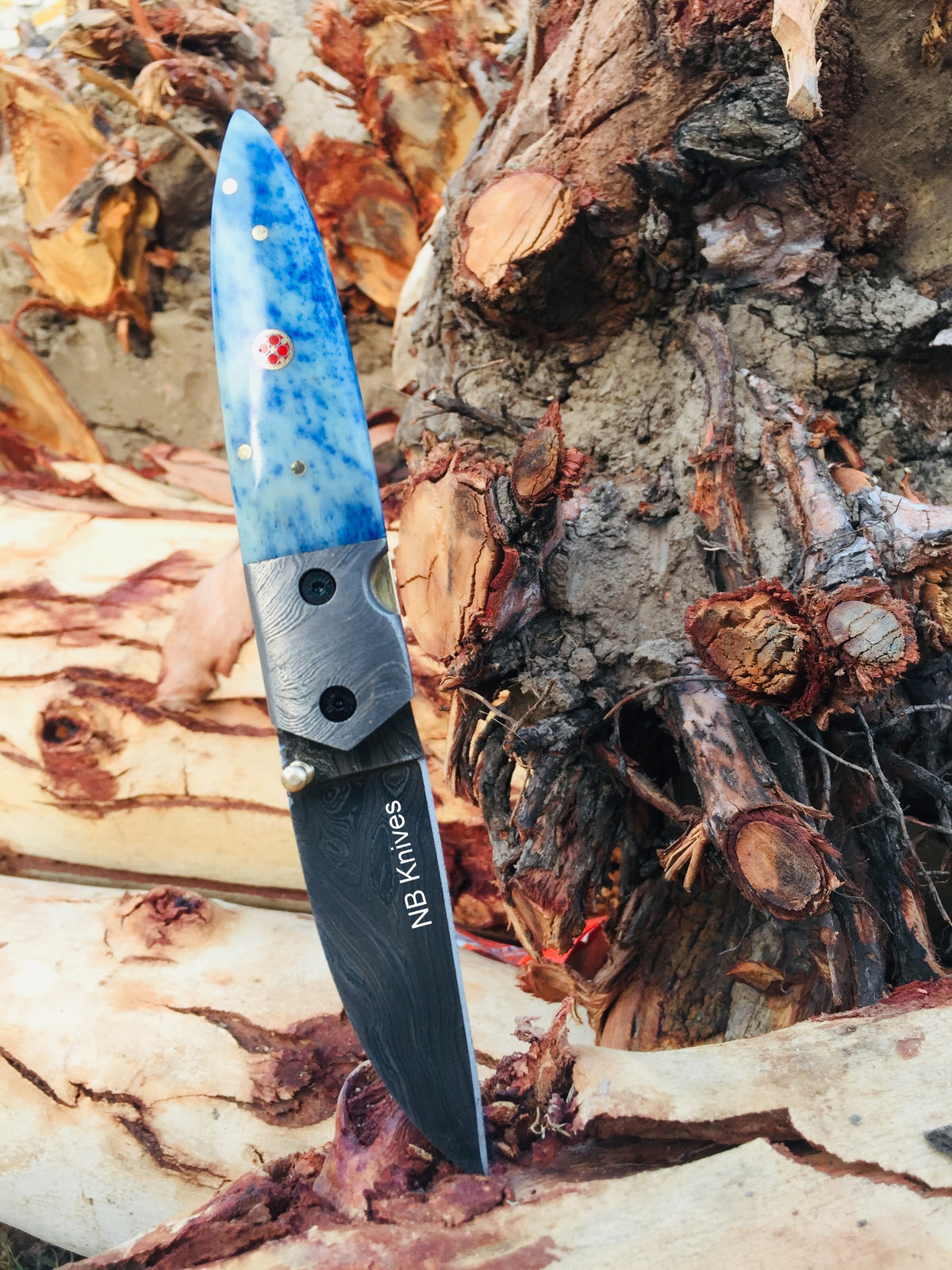 Dyed Camel Bone Handle Handmade Damascus Folding Knife with Damascus Bolster & Leather Sheath