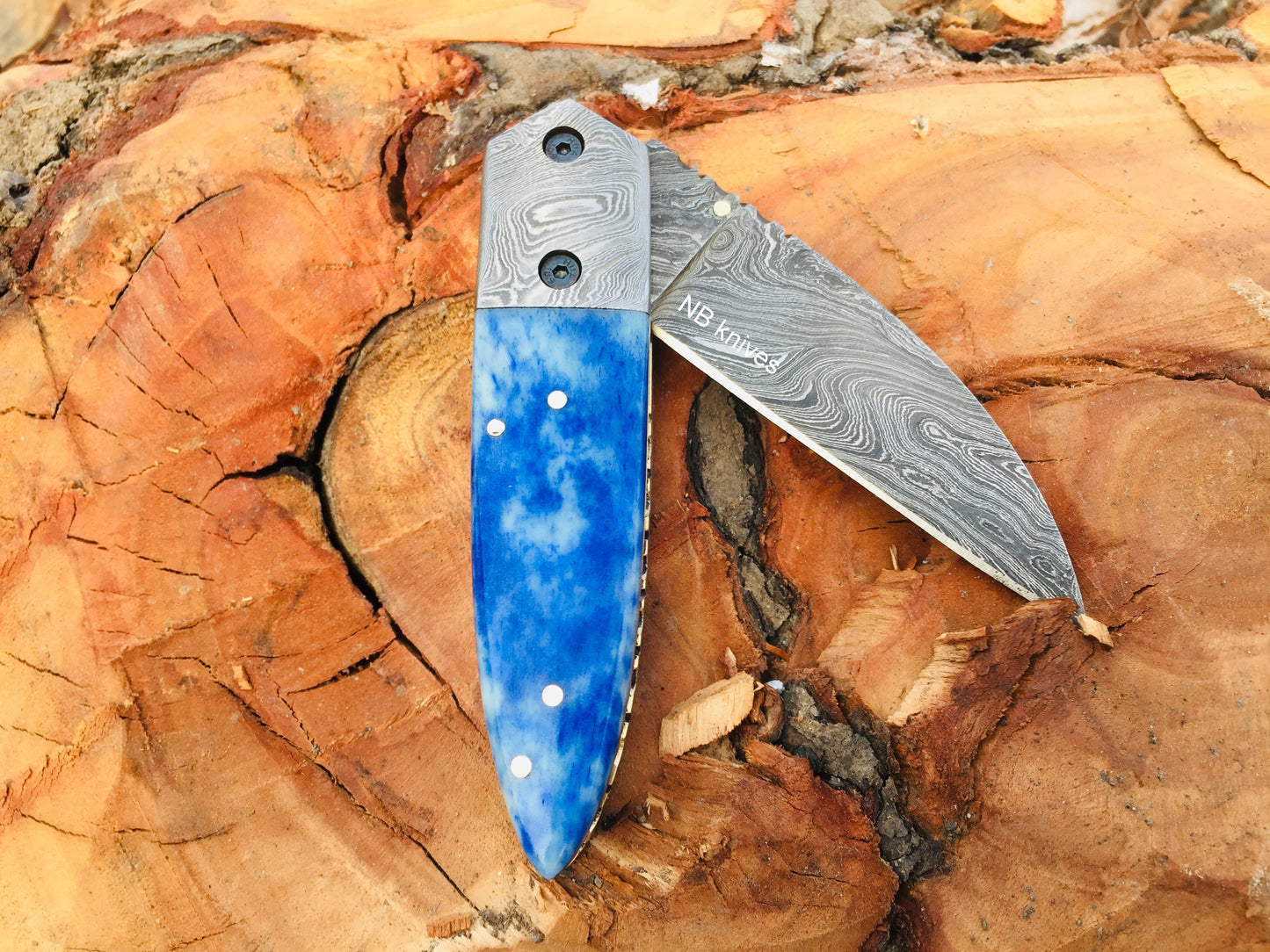 Dyed Camel Bone Handle Handmade Damascus Folding Knife with Damascus Bolster & Leather Sheath