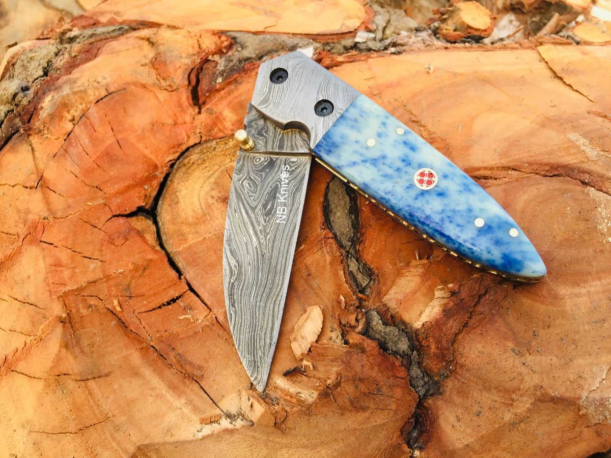 Dyed Camel Bone Handle Handmade Damascus Folding Knife with Damascus Bolster & Leather Sheath