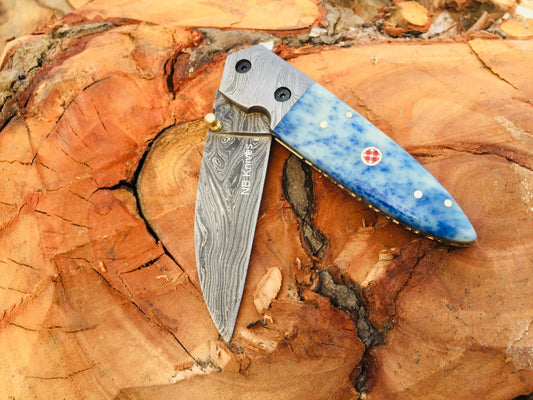 Custom Handmade Damascus Steel Folding/Pocket Knife+Leather Sheath