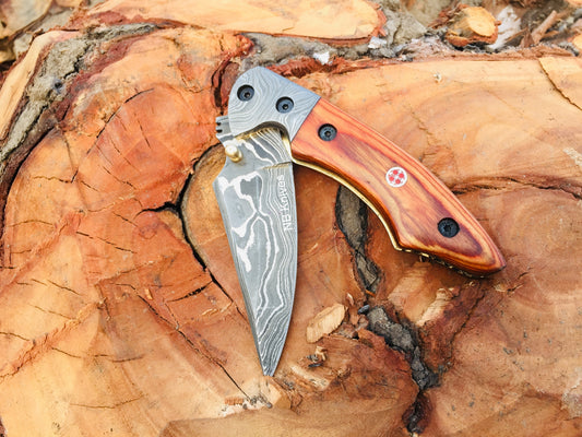 Custom Handmade Damascus Steel Folding/Pocket Knife+Leather Sheath