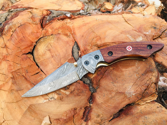 Rosewood Handle Handmade Damascus Folding Pocket Knife with Damascus Bolster & Leather Sheath