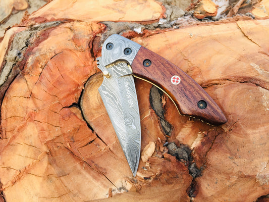 Custom Handmade Damascus Steel Folding/Pocket Knife+Leather Sheath