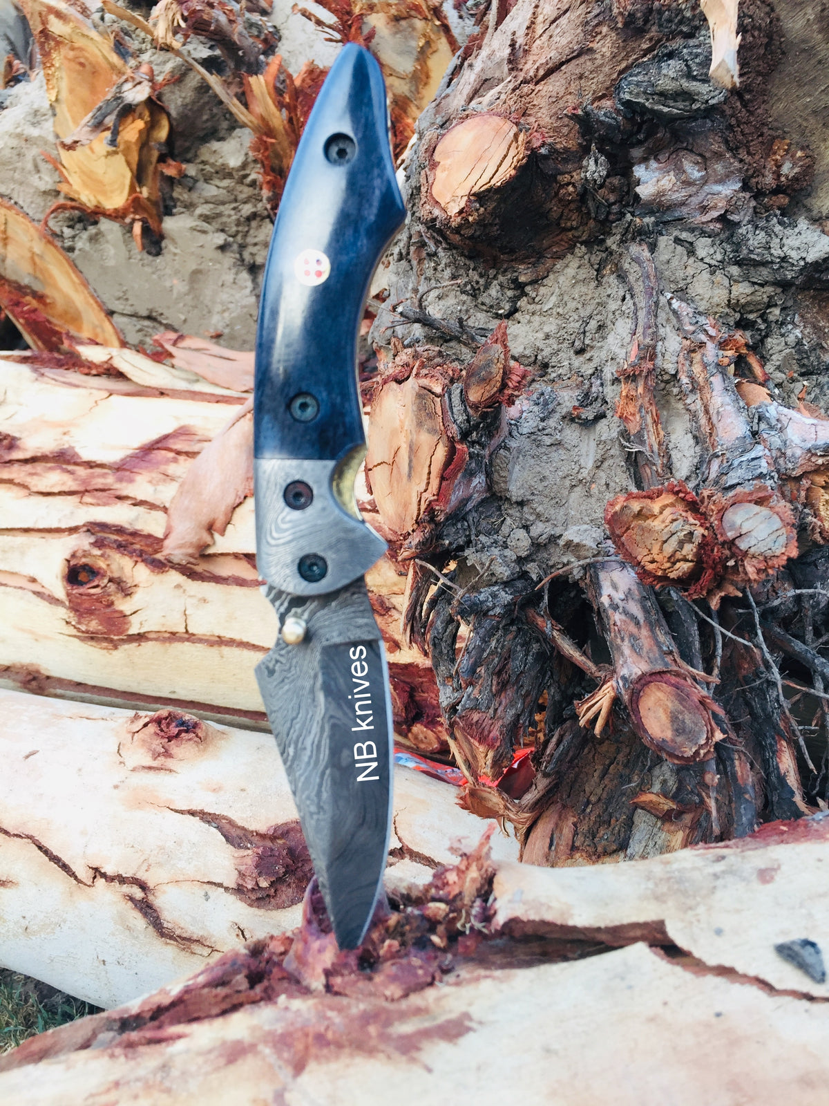 Dyed Blue Camel Bone Damascus Folding Pocket Knife with Damascus Bolster & Leather Sheath
