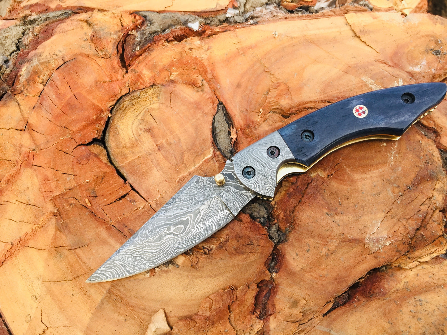 Dyed Blue Camel Bone Damascus Folding Pocket Knife with Damascus Bolster & Leather Sheath