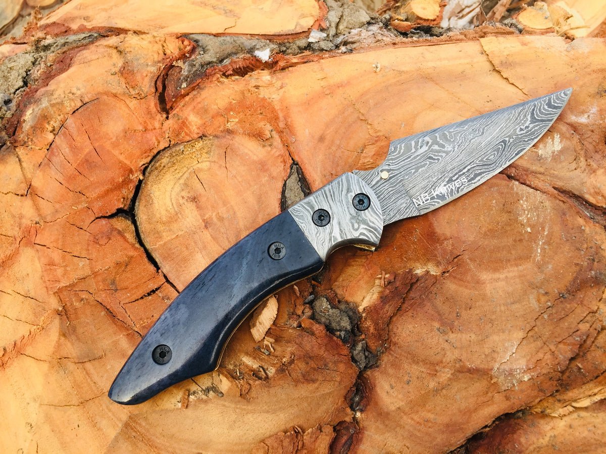 Dyed Blue Camel Bone Damascus Folding Pocket Knife with Damascus Bolster & Leather Sheath