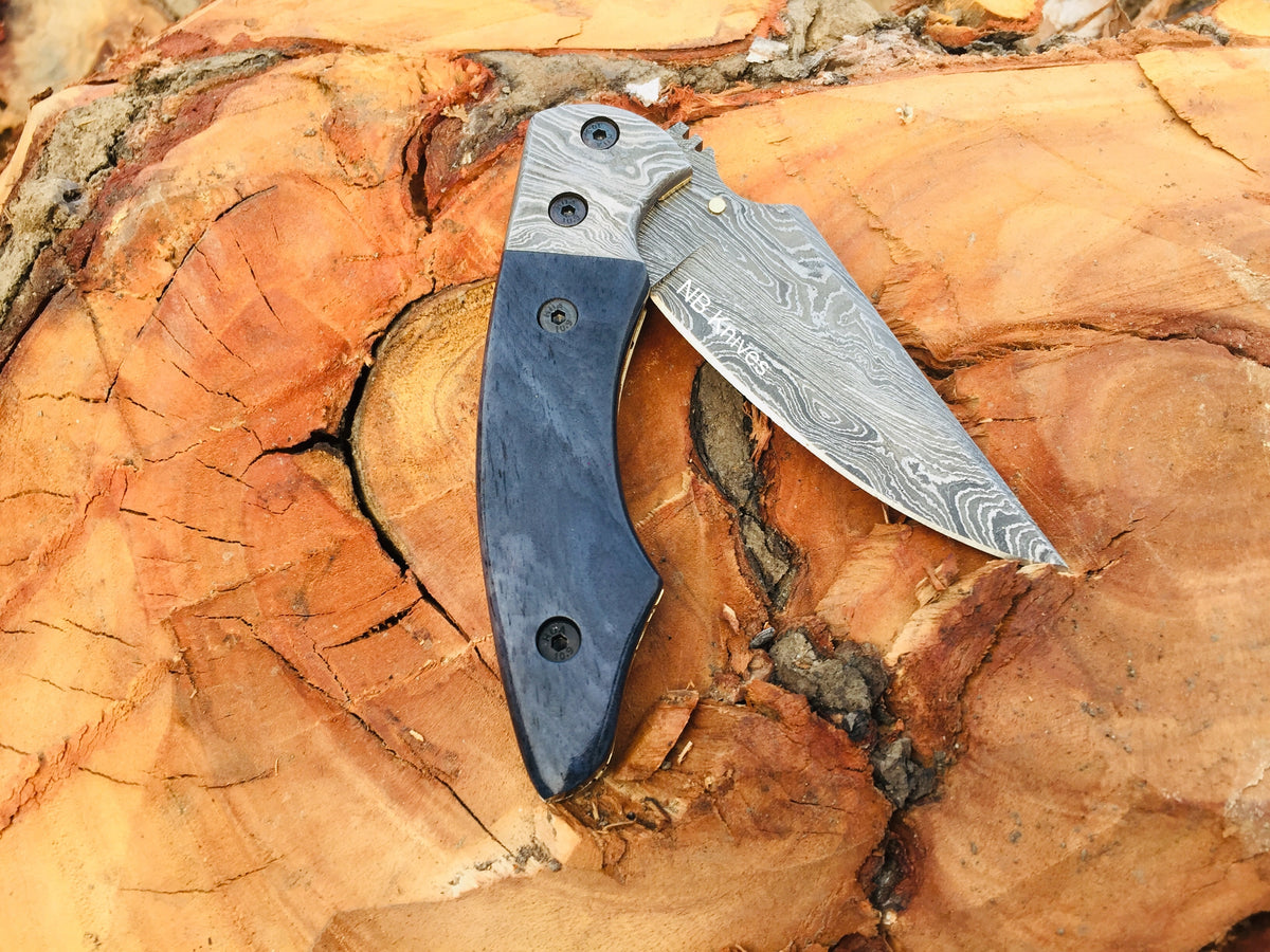 Dyed Blue Camel Bone Damascus Folding Pocket Knife with Damascus Bolster & Leather Sheath