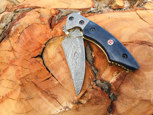Custom Handmade Damascus Steel Folding/Pocket Knife+Leather Sheath