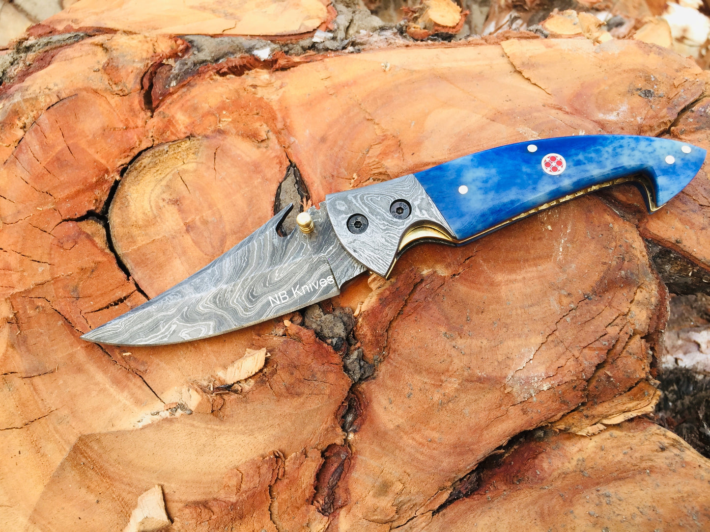 Dyed Blue Camel Bone Damascus Folding Knife with Leather Sheath