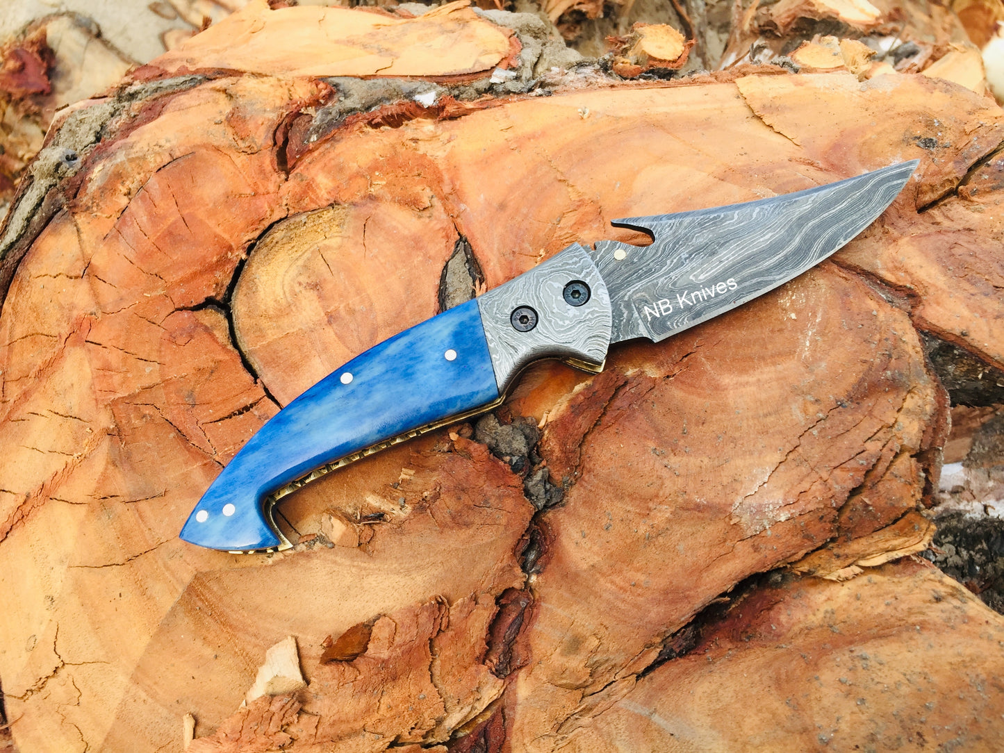 Dyed Blue Camel Bone Damascus Folding Knife with Leather Sheath