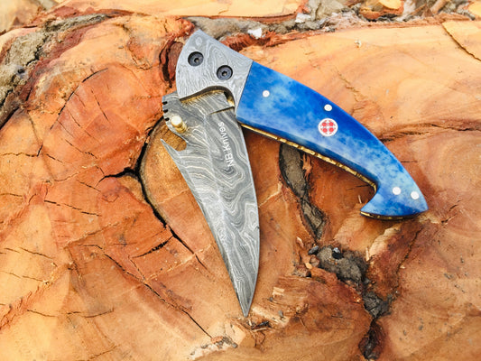 Custom Handmade Damascus Steel Folding/Pocket Knife+Leather Sheath