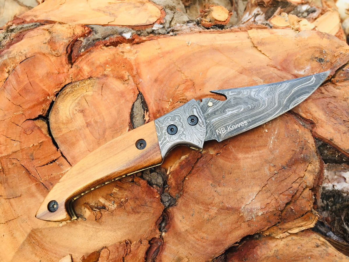 Pakka Wood Handle Damascus Folding Knife with Leather Sheath