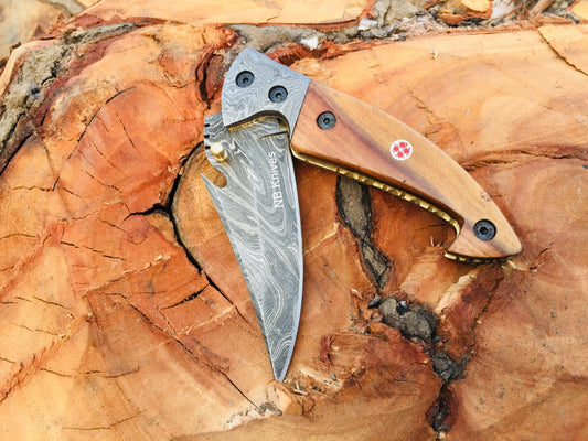 Custom Handmade Damascus Steel Folding/Pocket Knife+Leather Sheath