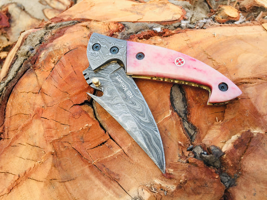 Custom Handmade Damascus Steel Folding/Pocket Knife+Leather Sheath