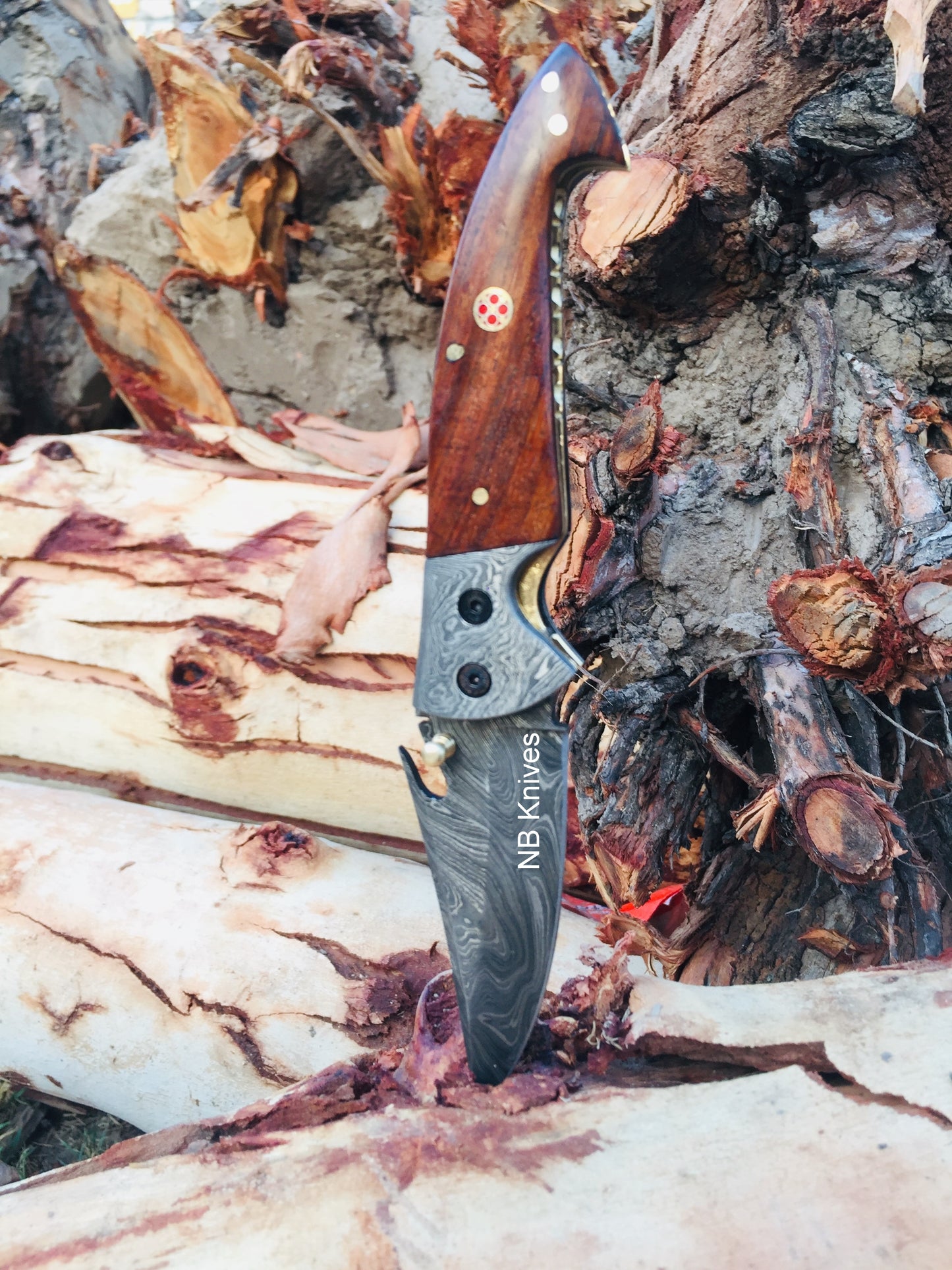 Rosewood Handle Damascus Folding Pocket Knife with Leather Sheath