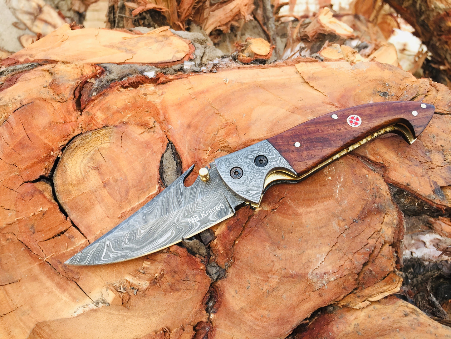 Rosewood Handle Damascus Folding Pocket Knife with Leather Sheath