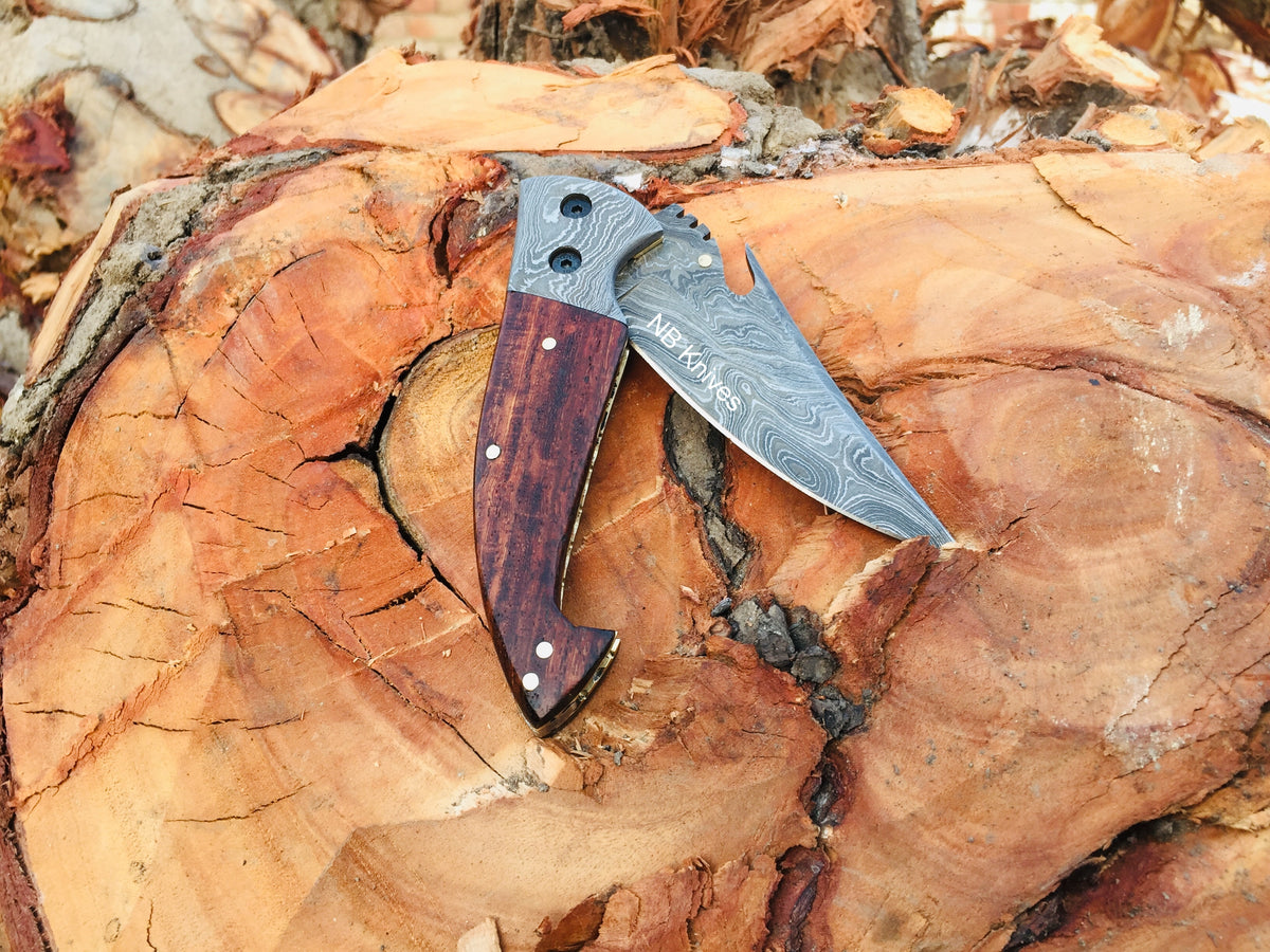 Rosewood Handle Damascus Folding Pocket Knife with Leather Sheath