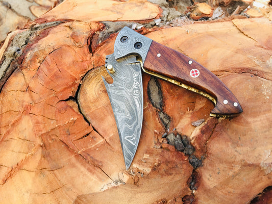Custom Handmade Damascus Steel Folding/Pocket Knife+Leather Sheath