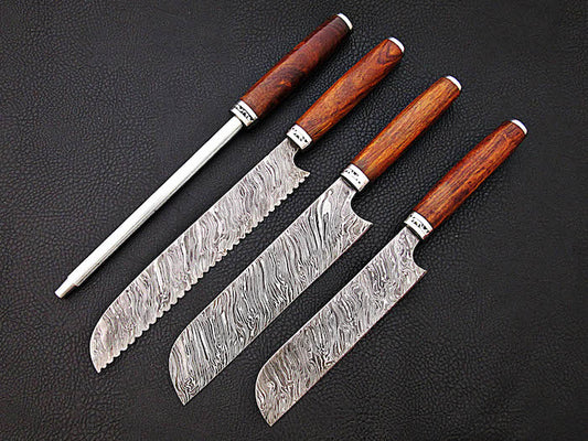 New Handmade Damascus Chef Knives Set (4-Pieces) Rosewood Handle