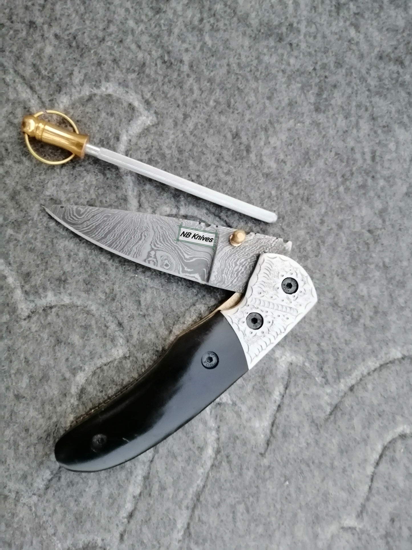 CUSTOM HANDMADE DAMASCUS STEEL POCKET KNIFE WITH LEATHER SHEATH
