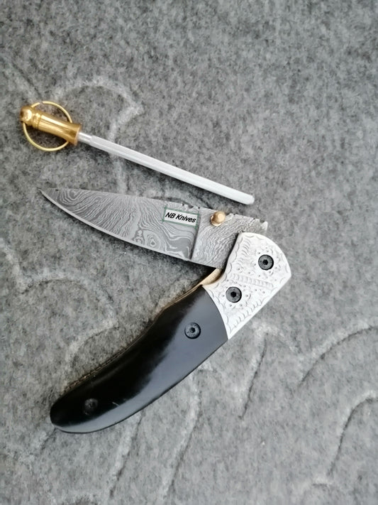 CUSTOM HANDMADE DAMASCUS STEEL POCKET KNIFE WITH LEATHER SHEATH