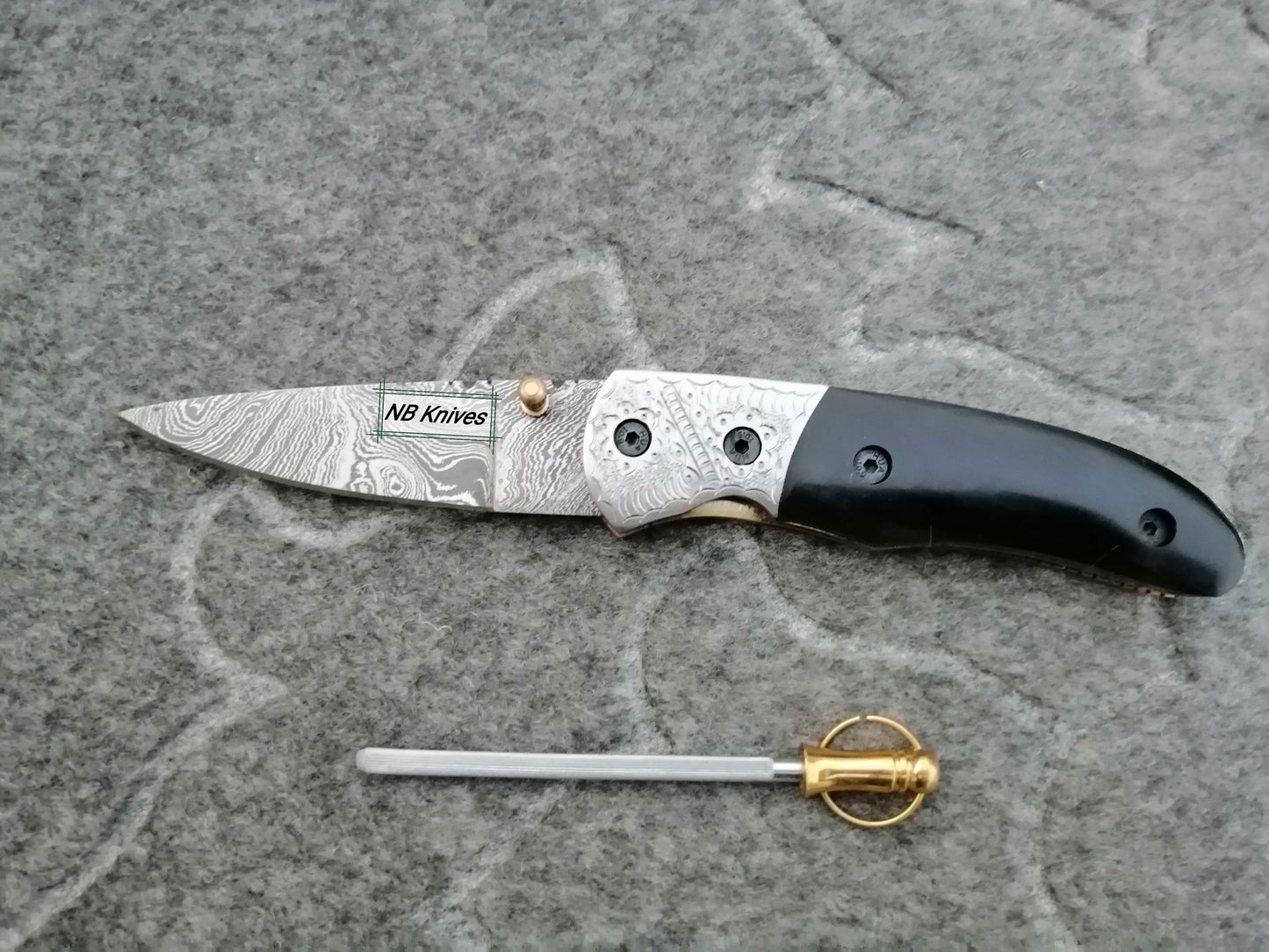 CUSTOM HANDMADE DAMASCUS STEEL POCKET KNIFE WITH LEATHER SHEATH