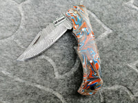 CUSTOM HANDMADE DAMASCUS STEEL POCKET KNIFE WITH LEATHER SHEATH