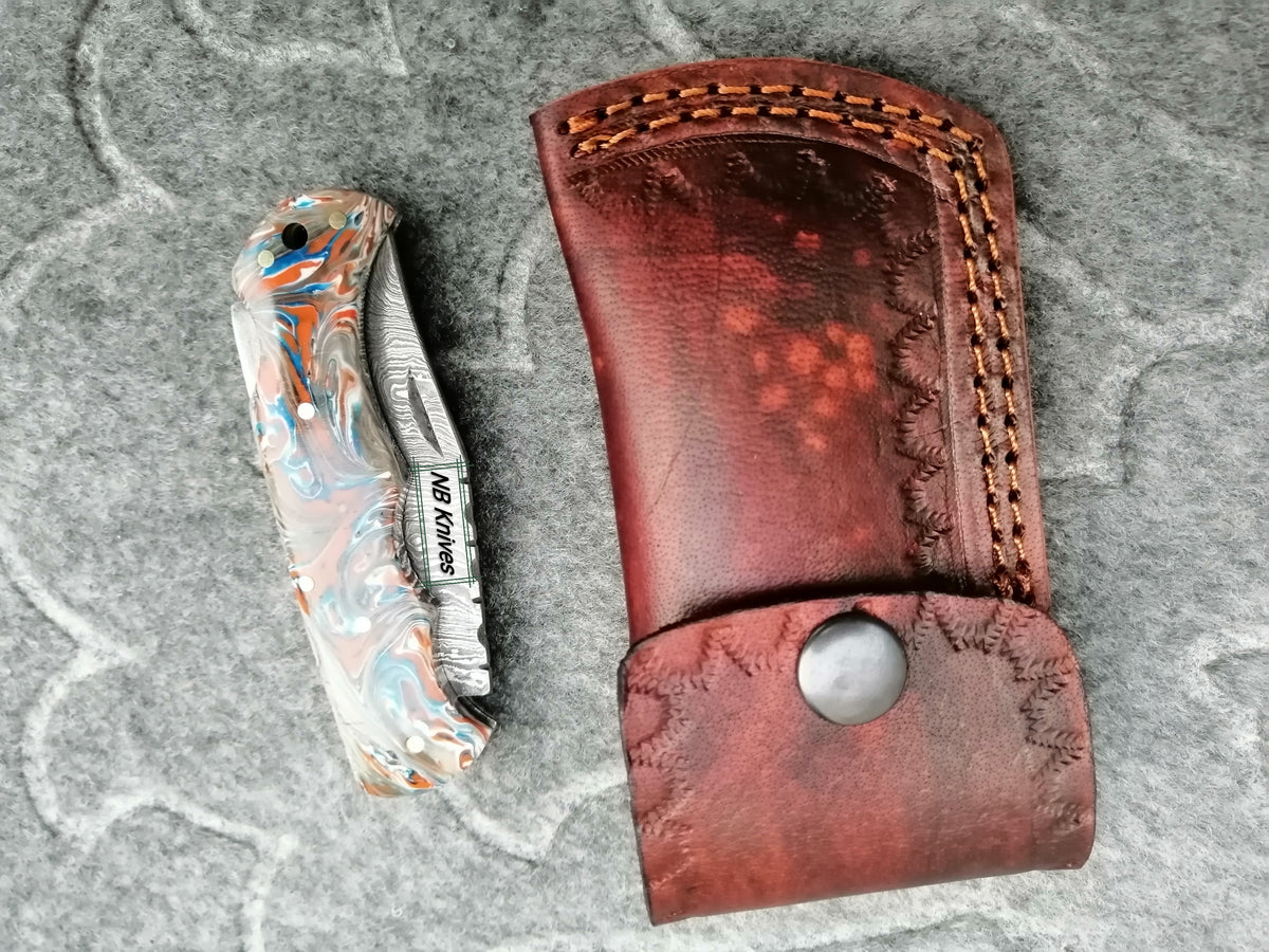 CUSTOM HANDMADE DAMASCUS STEEL POCKET KNIFE WITH LEATHER SHEATH