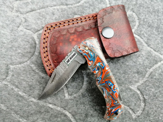 CUSTOM HANDMADE DAMASCUS STEEL POCKET KNIFE WITH LEATHER SHEATH
