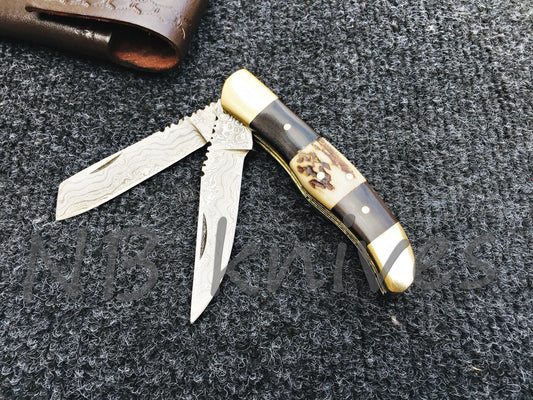 CUSTOM HANDMADE DAMASCUS STEEL TRAPPER POCKET KNIFE WITH LEATHER SHEATH