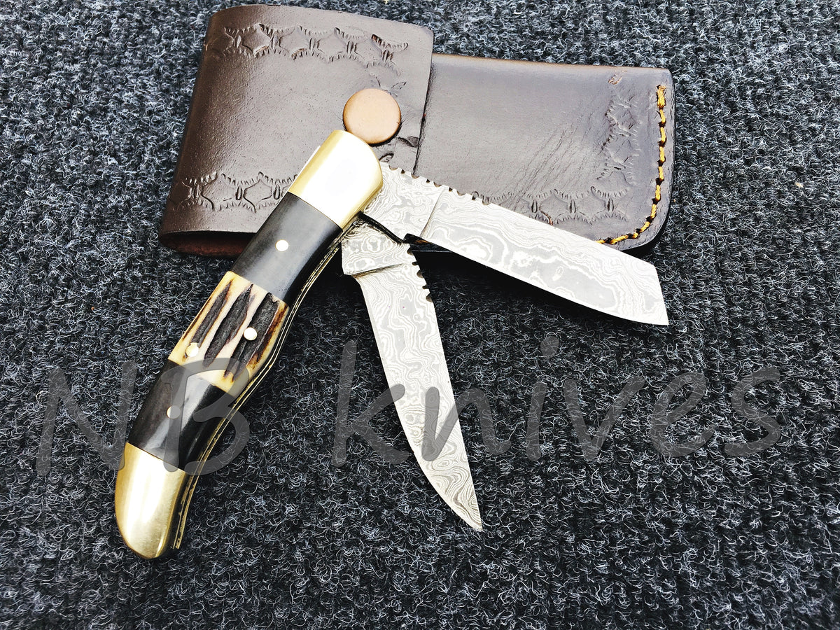 Damascus Trapper Pocket Knife with Black Horn & Stag Horn Scales