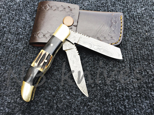 Damascus Trapper Pocket Knife with Black Horn & Stag Horn Scales