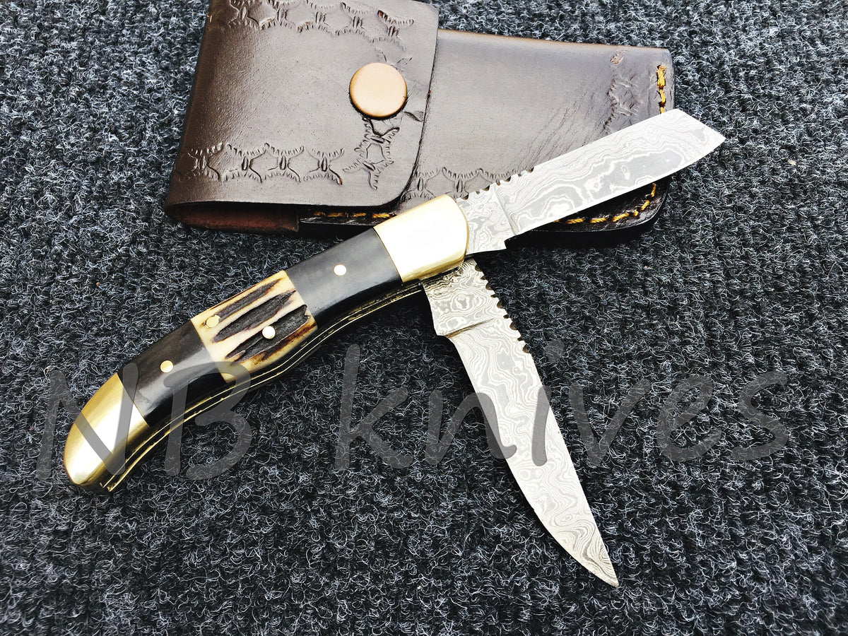 Damascus Trapper Pocket Knife with Black Horn & Stag Horn Scales