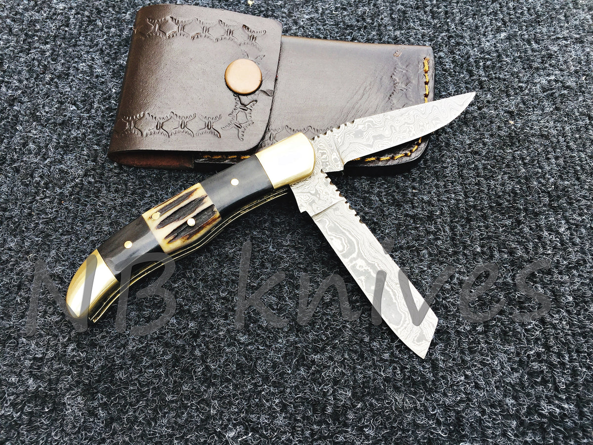 Damascus Trapper Pocket Knife with Black Horn & Stag Horn Scales