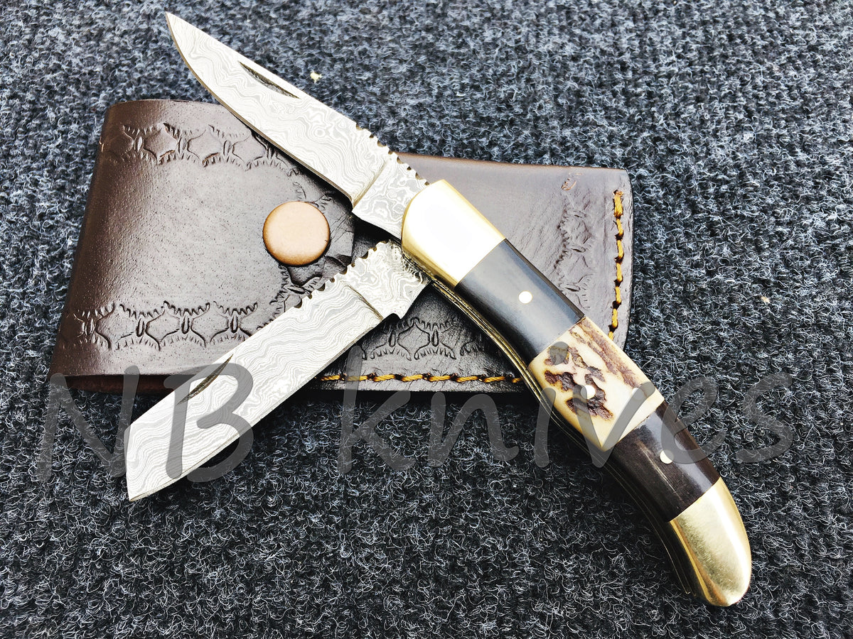 Damascus Trapper Pocket Knife with Black Horn & Stag Horn Scales