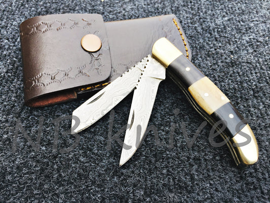 Camel Bone & Black Horn Damascus Trapper Knife with Brass Bolster