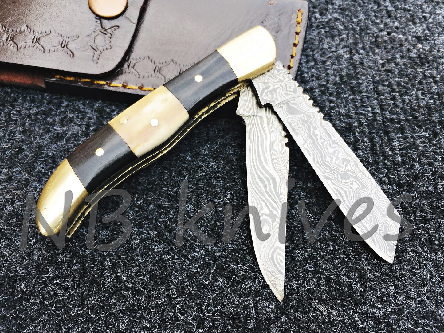CUSTOM HANDMADE DAMASCUS STEEL TRAPPER POCKET KNIFE WITH LEATHER SHEATH