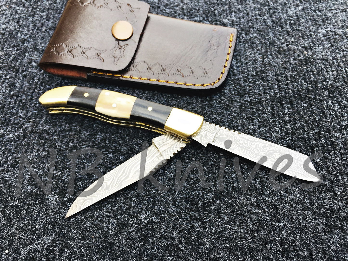 CUSTOM HANDMADE DAMASCUS STEEL TRAPPER POCKET KNIFE WITH LEATHER SHEATH
