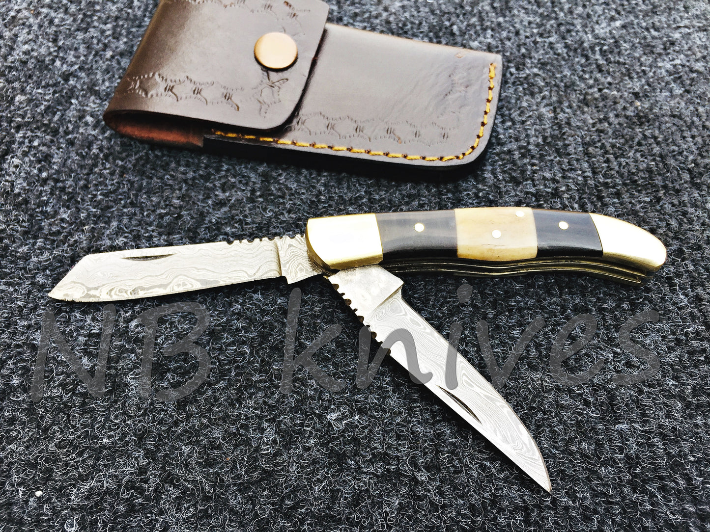 CUSTOM HANDMADE DAMASCUS STEEL TRAPPER POCKET KNIFE WITH LEATHER SHEATH
