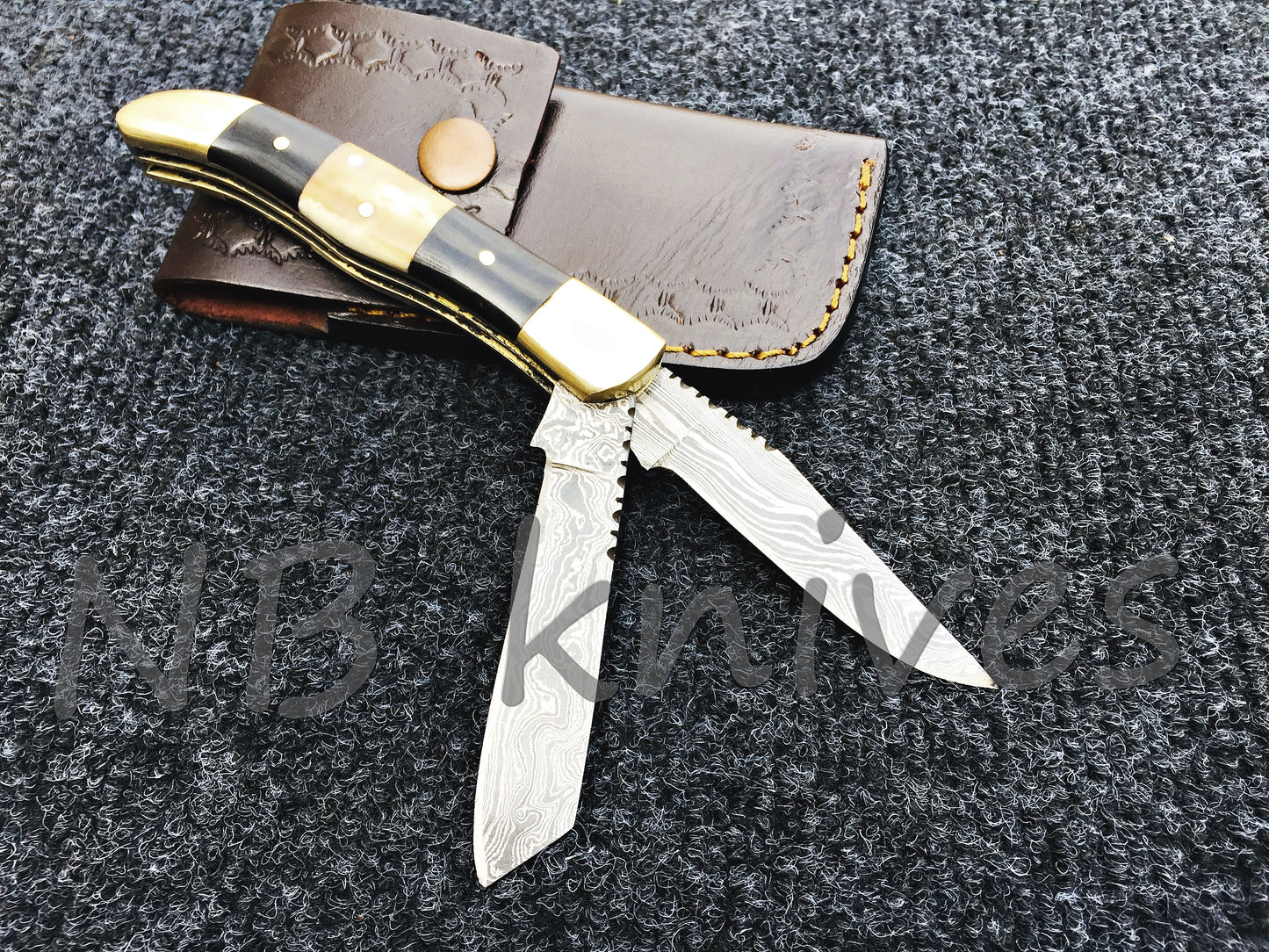 CUSTOM HANDMADE DAMASCUS STEEL TRAPPER POCKET KNIFE WITH LEATHER SHEATH