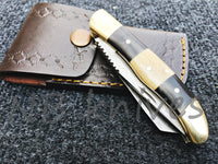 CUSTOM HANDMADE DAMASCUS STEEL TRAPPER POCKET KNIFE WITH LEATHER SHEATH