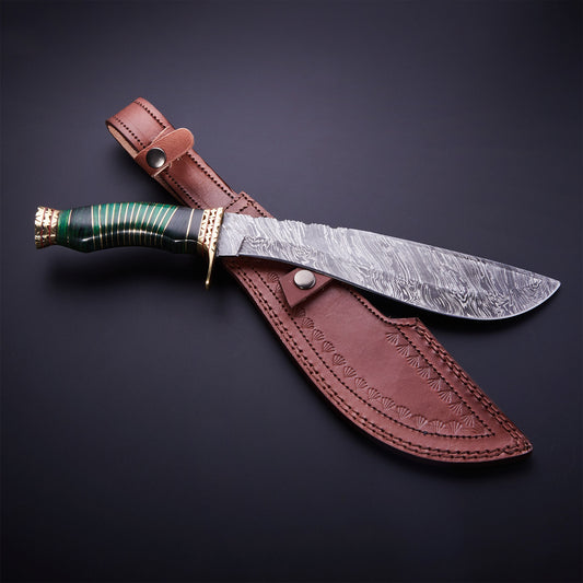 CUSTOM HANDMADE DAMASCUS KUKRI KNIFE WITH LEATHER SHEATH