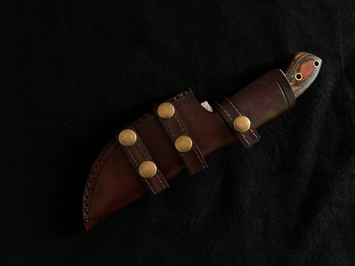 Damascus Steel Tracker Knife Featuring Pakka Wood Handle With Leather Sheath