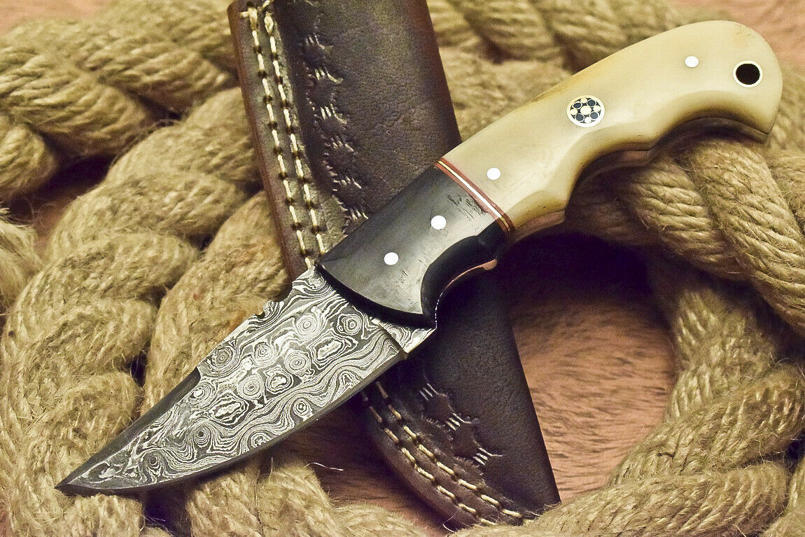 CUSTOM ART FIXED BLADE DAMASCUS HUNTING KNIFE CAMEL BONE HANDLE